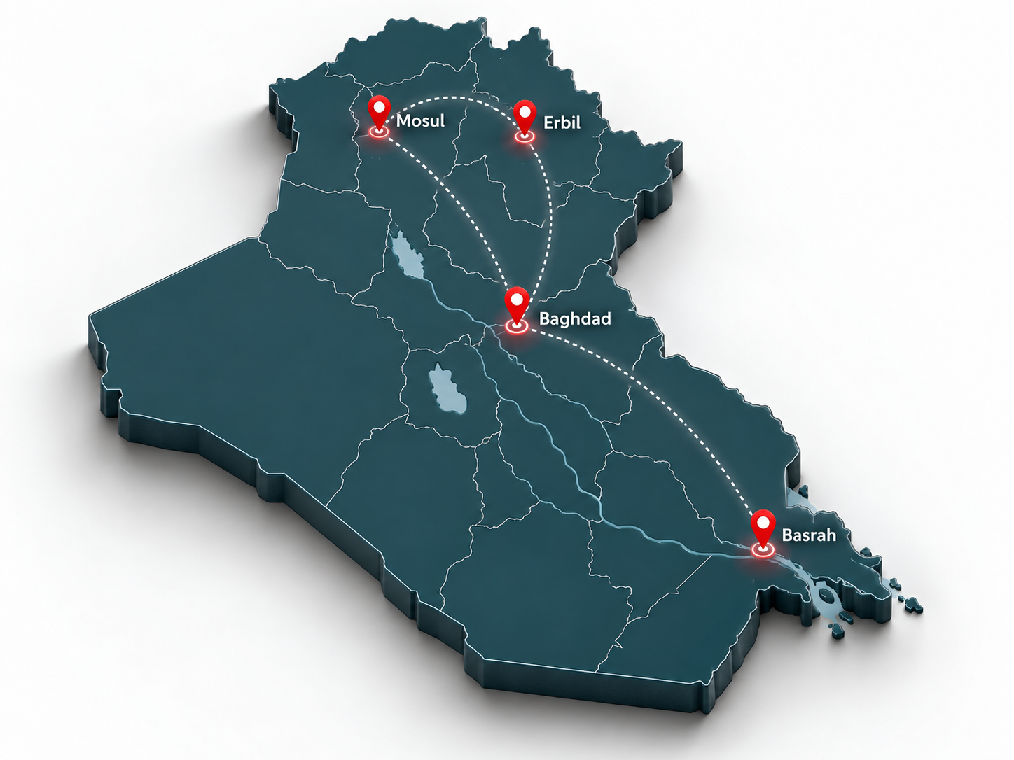 Map of Zarinaz distribution coverage connecting Erbil, Mosul, Baghdad and Basrah